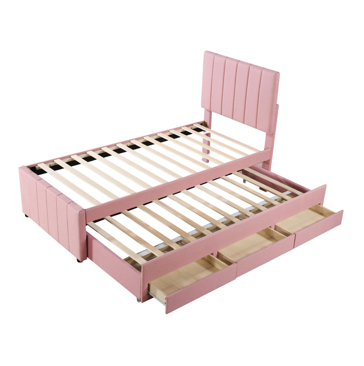 POLSTERBETT 90/200 cm aus Leinen mit Rollbett und 3 Schubladen Rosa - Pink, Textil (90/200cm) - Modenvie