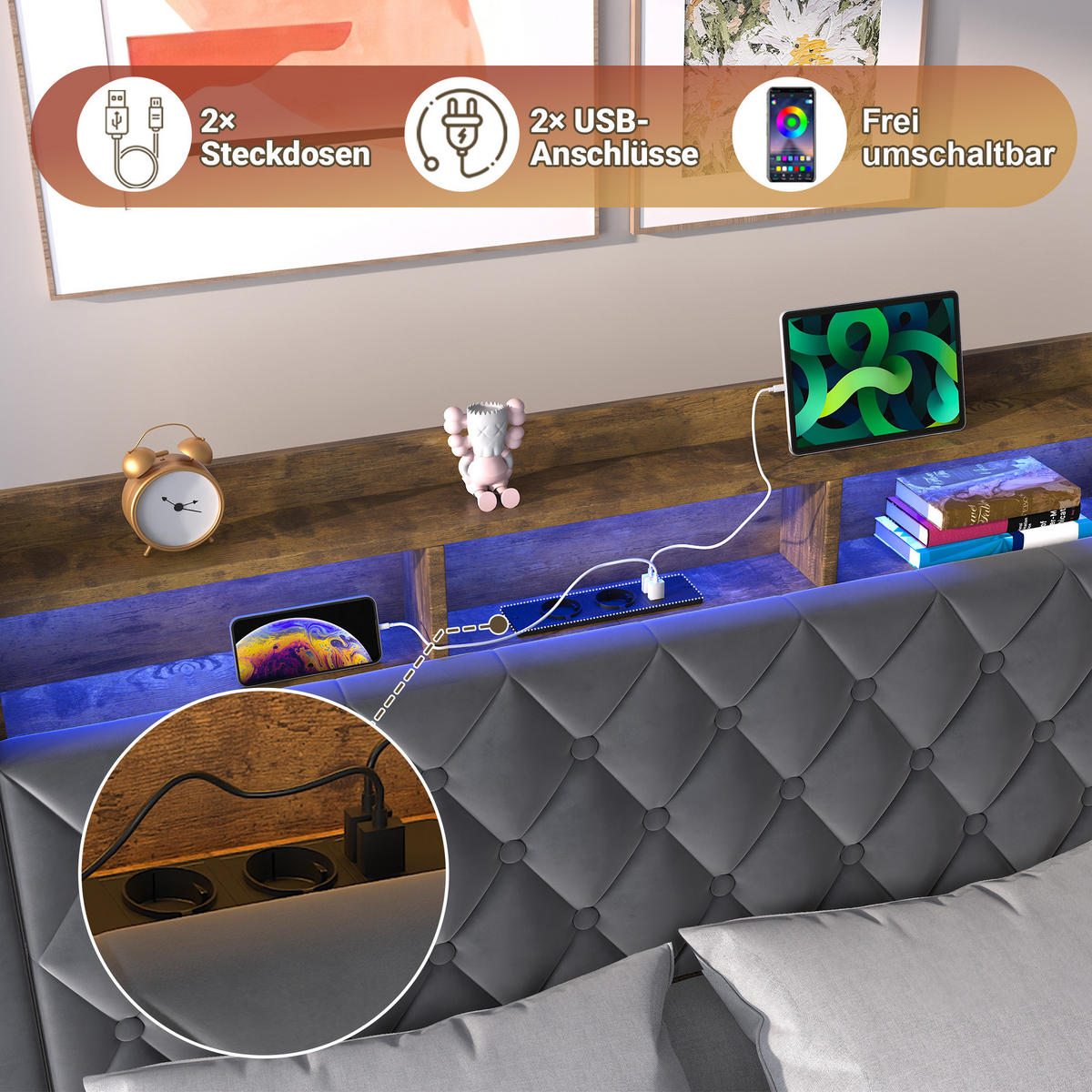 POLSTERBETT 140/200 cm in Grau Samt mit Bettkasten, LED-Beleuchtung und USB-Anschluss - Grau, Holzwerkstoff/Textil (140/200cm) - CHICFURN