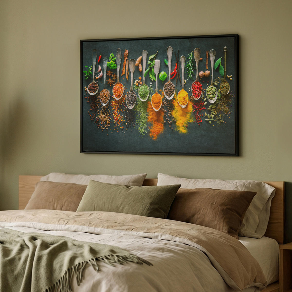 LEINWAND Bilder mit Rahmen - Kräuter - Gewürze - Löffel - 100x70 - Currygelb, Textil (100/70cm) - MuchoWow