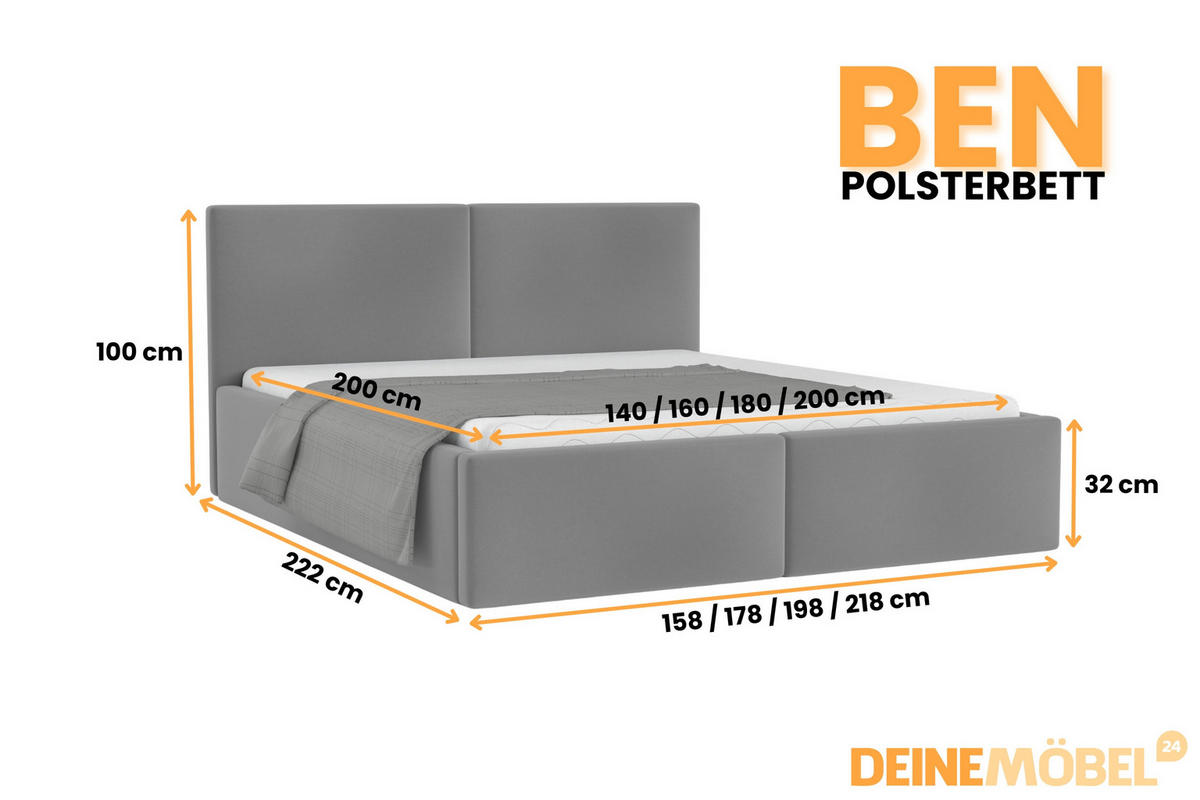 POLSTERBETT BEN 160/200 in Velours Grau - Grau, Holz/Holzwerkstoff (160/200cm) - Deine Möbel 24