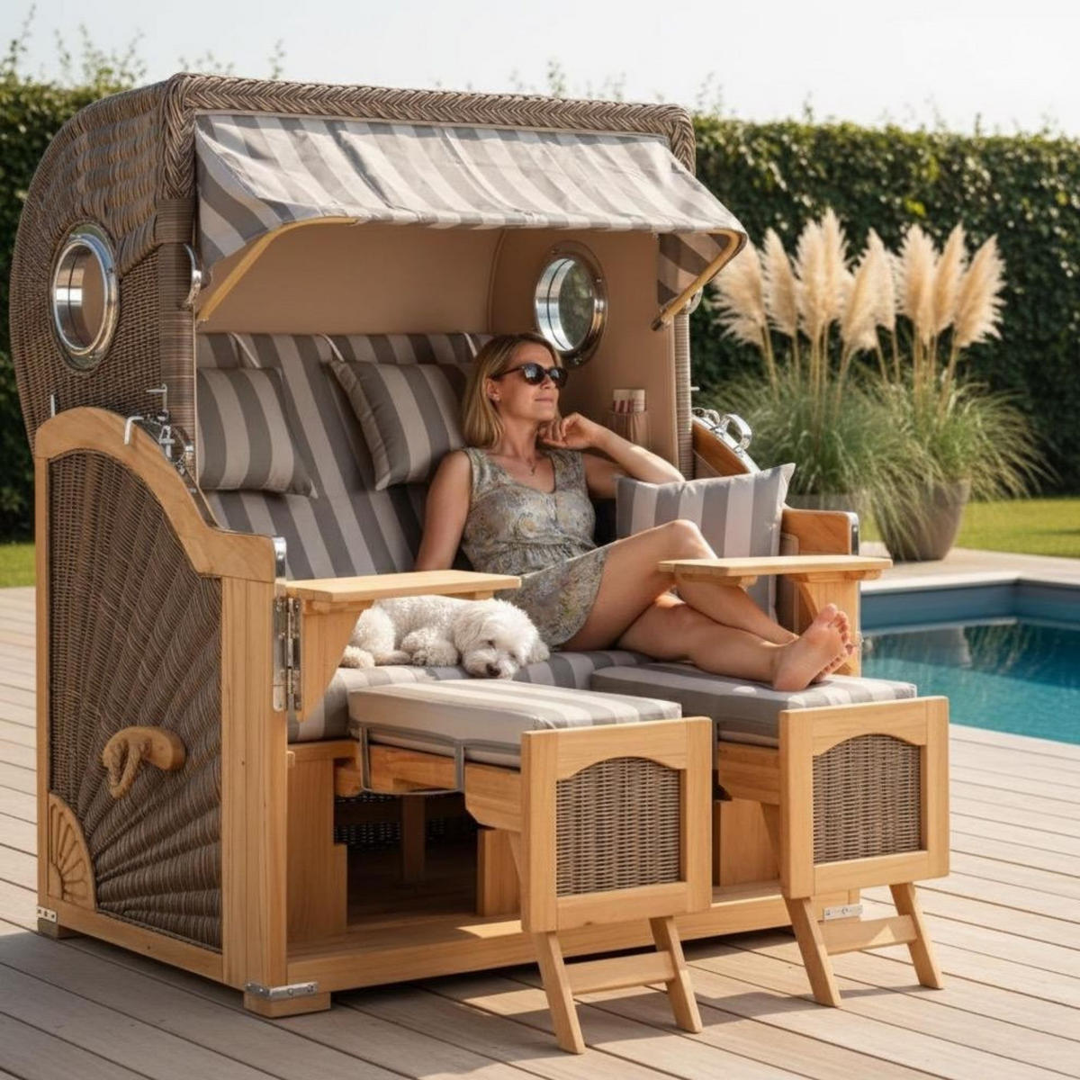 STRANDKORB Düne 2 Sitzer Teak PE Grey - Braun/Grau, Holz/Metall (125/170/80cm) - Mr. Deko