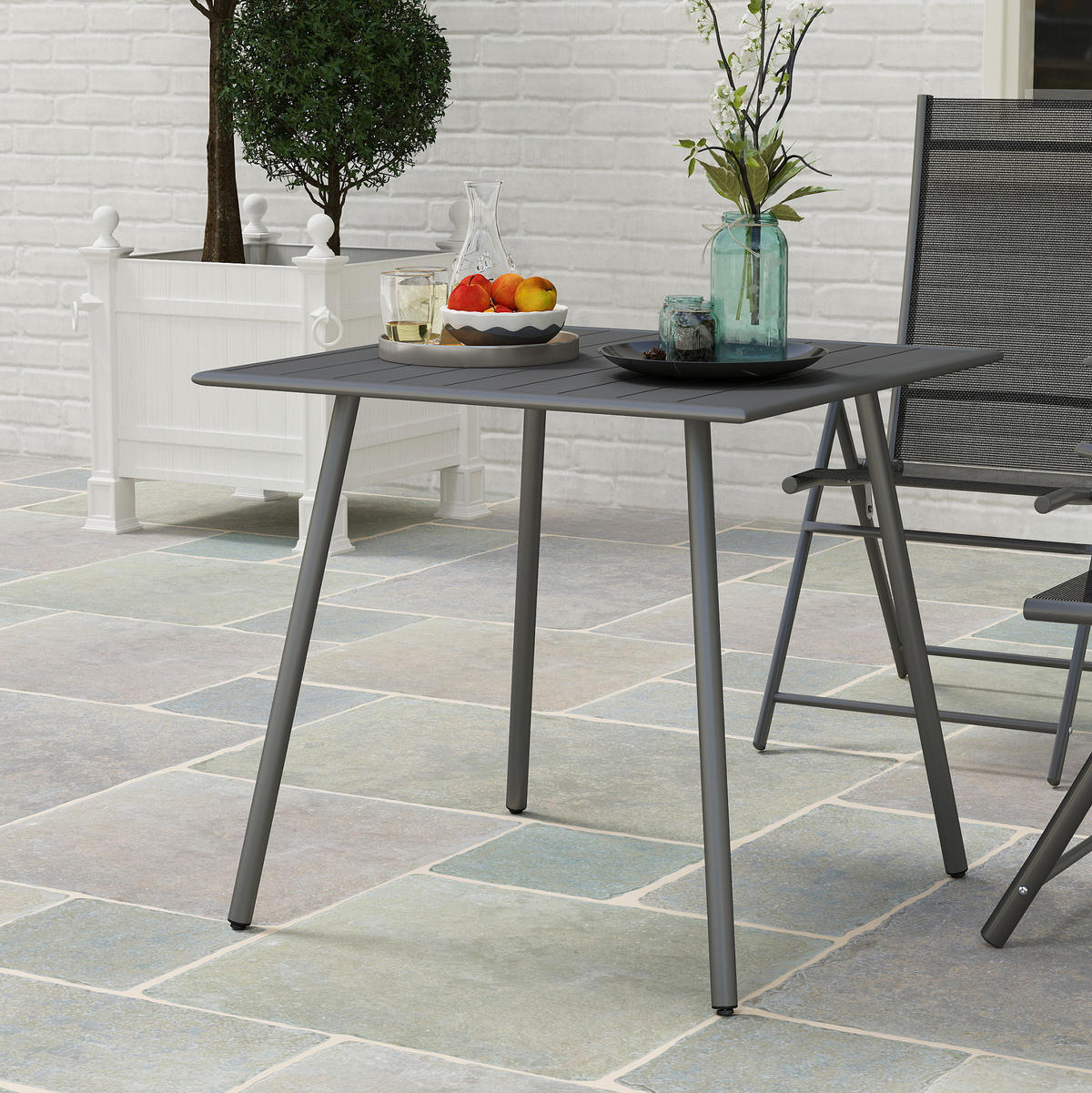 GARTENTISCH 80/80/74 cm aus Stahl, wetterfest mit Stahllatten und pulverbeschichtetem Gestell, Grau - Grau, Metall (80/80/74cm) - Redom