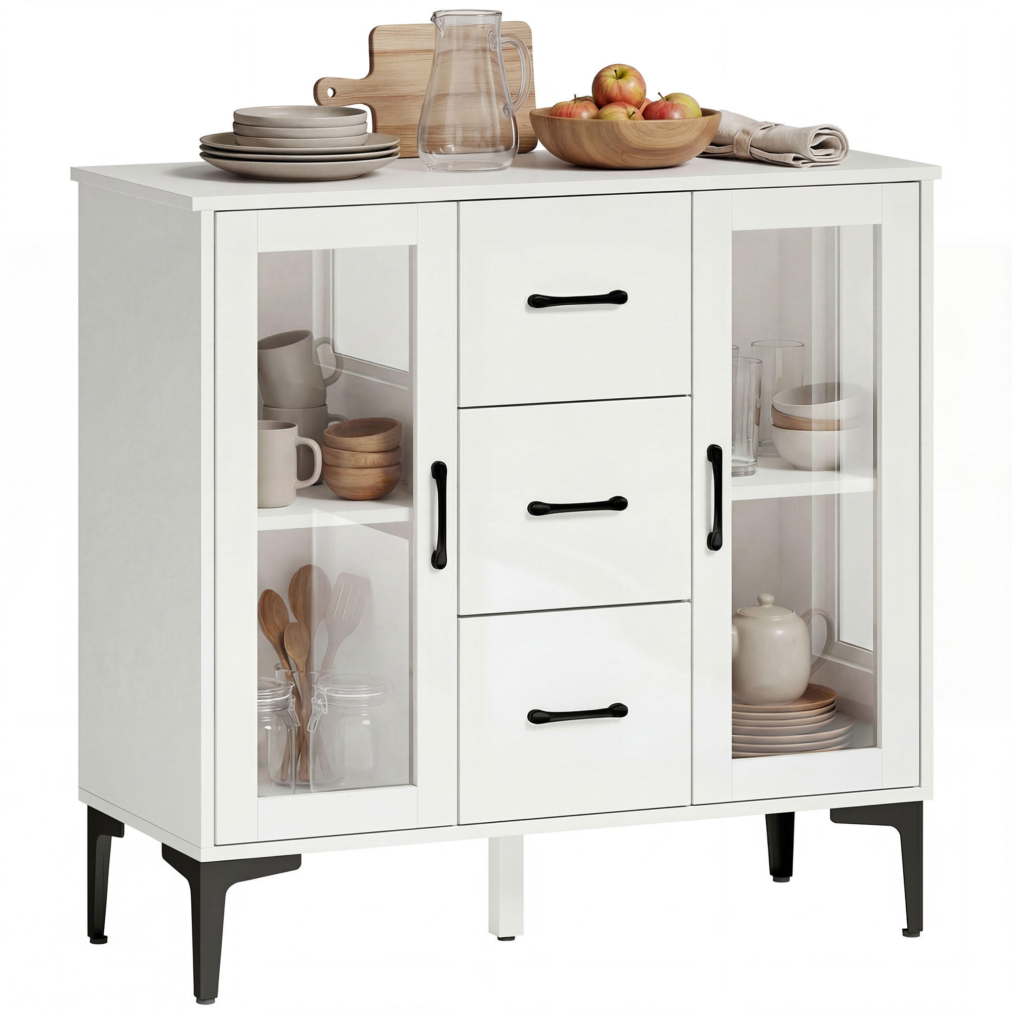SIDEBOARD Weiß, 3 Schubladen, 2 Glastüren, 90/38/86 cm - Weiß, Holz (90/86/38cm) - PANGIVO