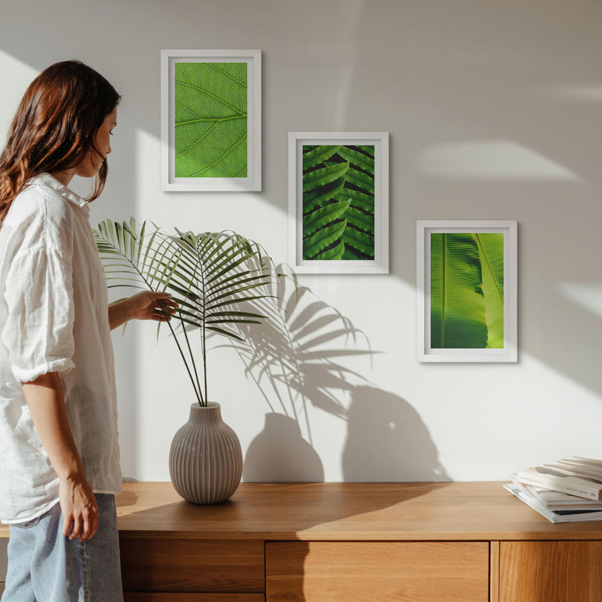 BILDER SET 3er Set - 20x30 cm Weißer Rahmen - Makrofotografie von tropischen Blättern - Weiß, Kunststoff (20/30cm) - TULUP