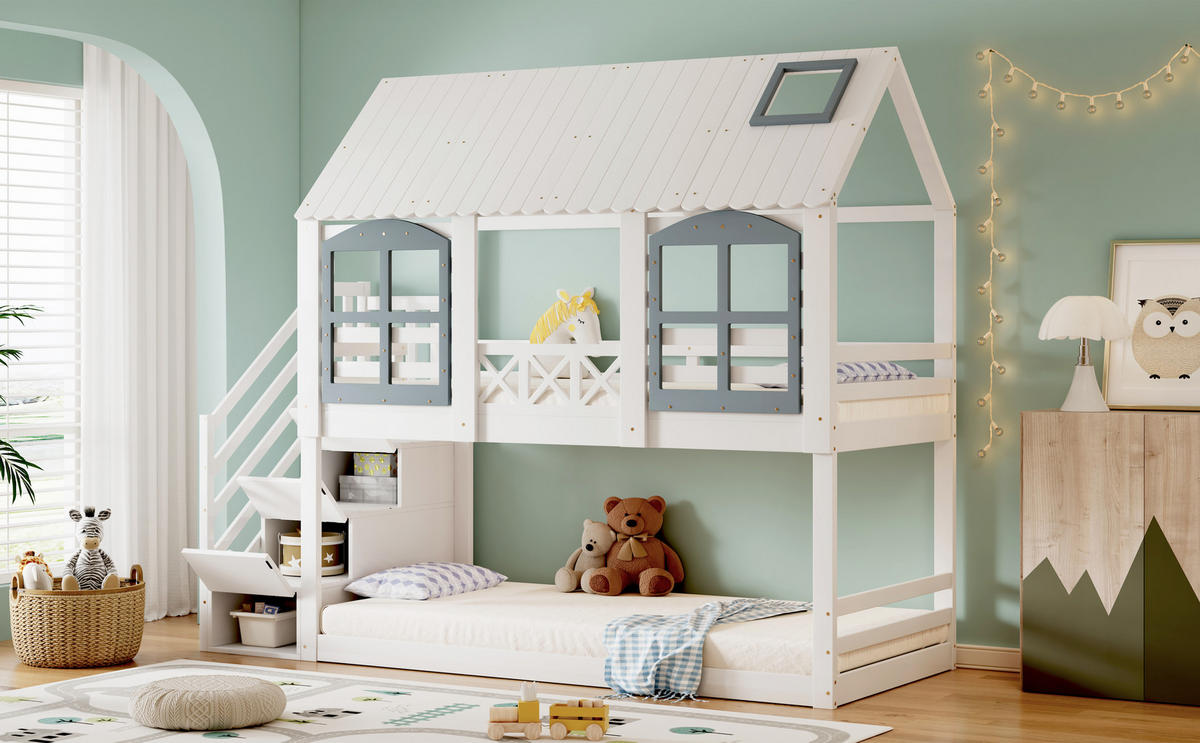 ETAGENBETT 90x200 cm Haus Treppe grau - Weiß, Holz (90/200cm) - LEBENLANG