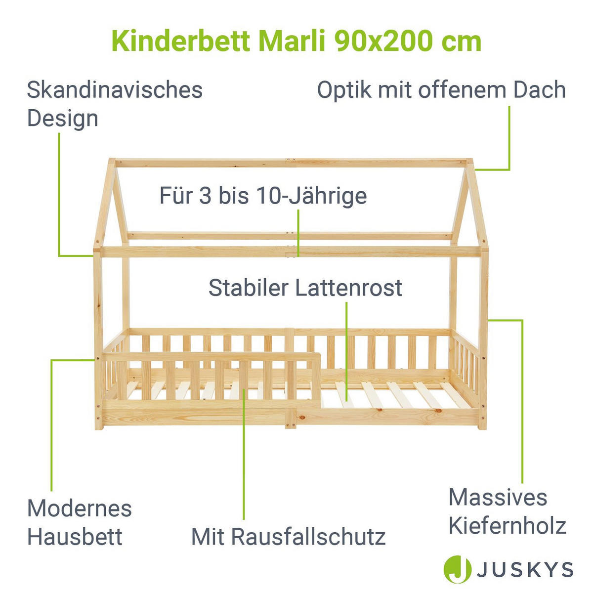 KINDERBETT Marli mit Matratze natur 90x200 cm - Naturfarben, Holz (90/200cm) - Juskys