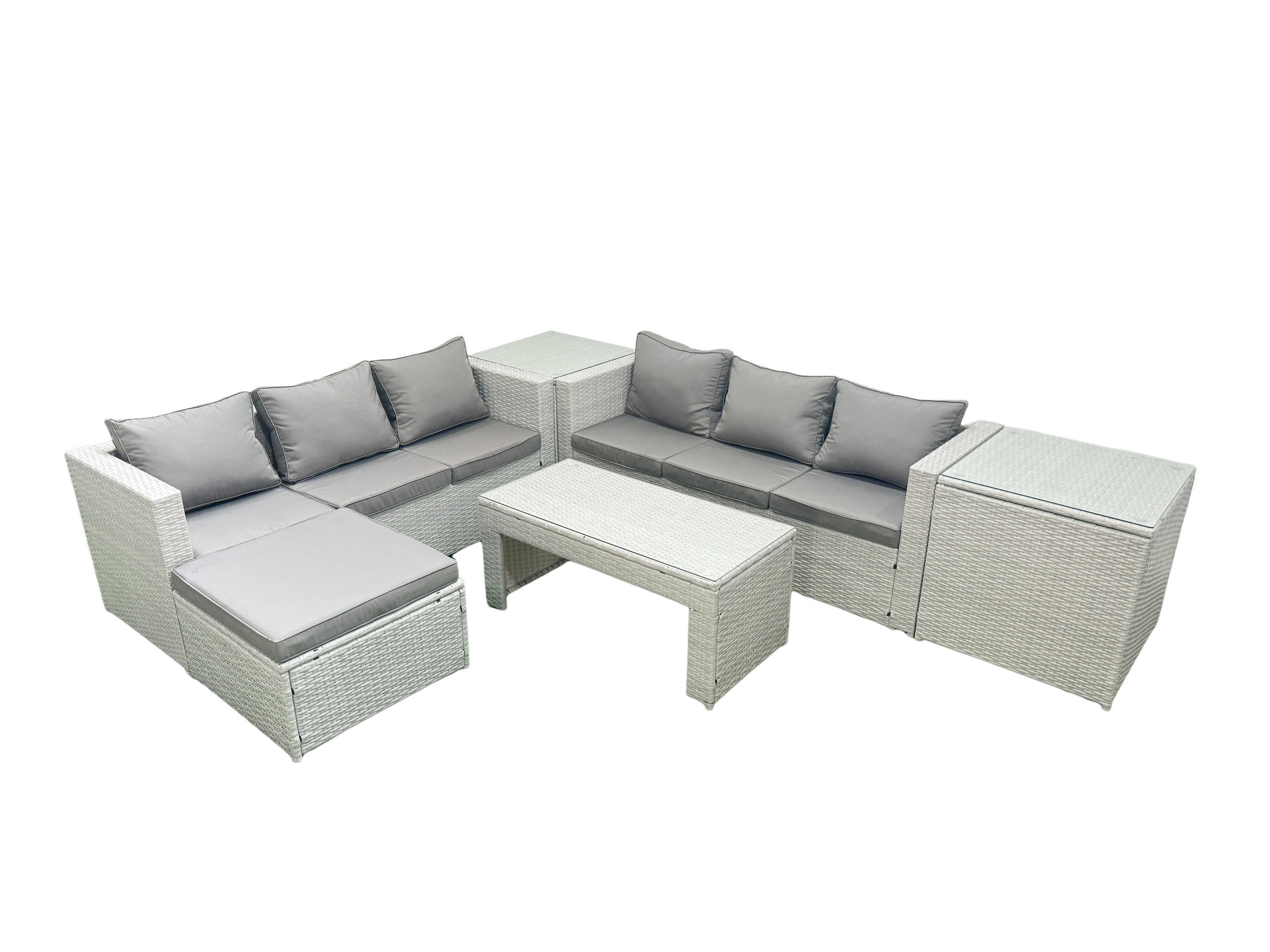 GARTENSOFA hohe Rückenlehne Polyrattan Hellgrau-Mix 7-Sitzer - Hellgrau/Grau, Glas/Kunststoff - Fimous