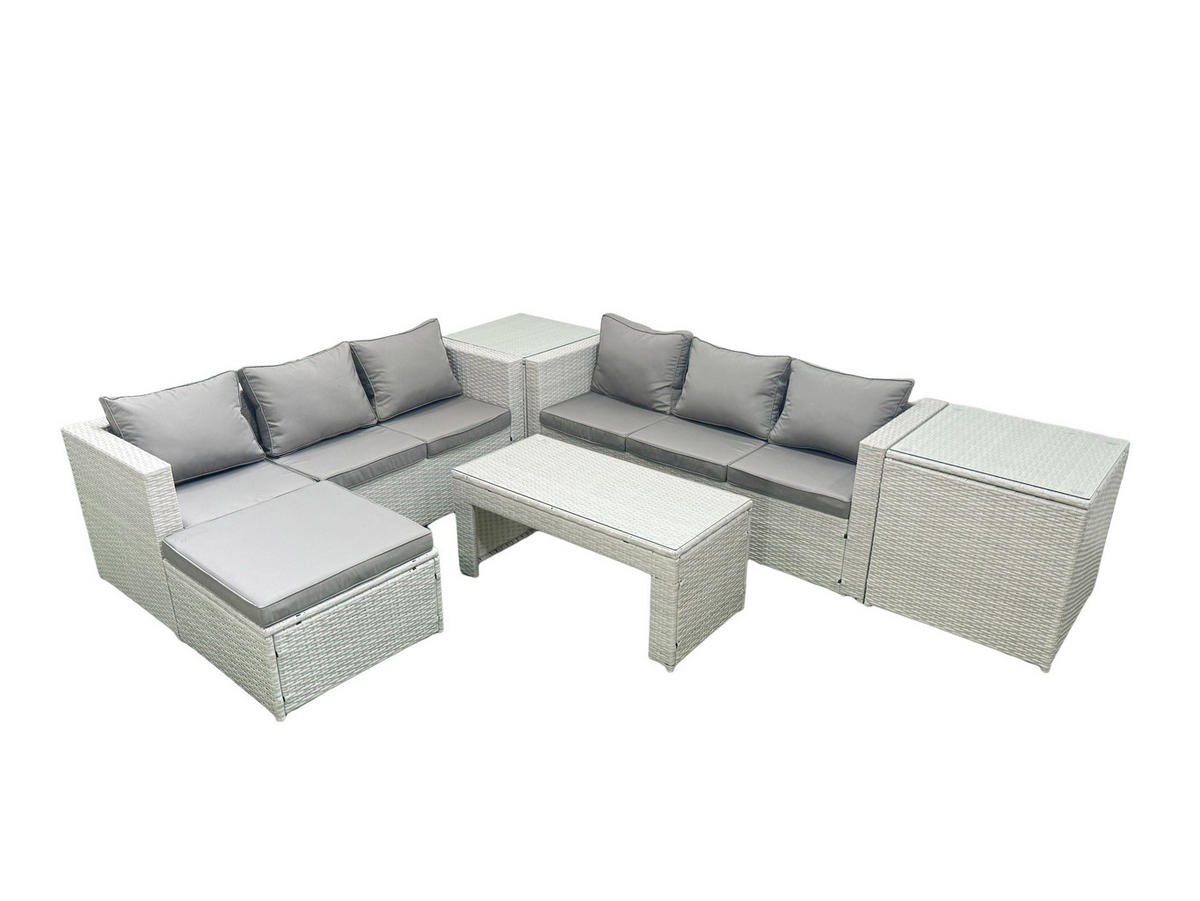 GARTENSOFA hohe Rückenlehne Polyrattan Hellgrau-Mix 7-Sitzer - Hellgrau/Grau, Glas/Kunststoff - Fimous