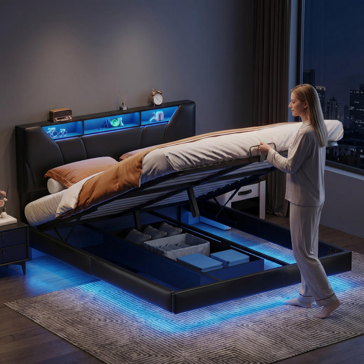 POLSTERBETT 140/200 cm schwarz mit Stauraum, LED und USB - Schwarz, Holz - SHOPENTRA