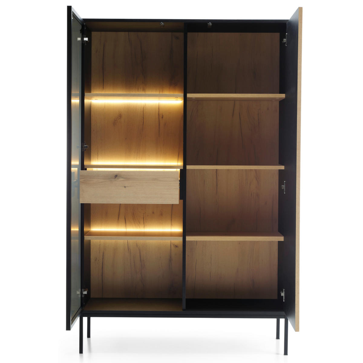 WOHNWAND Laval 1, 2-er Set, Front gefräst in 18 mm MDF Wotan Eiche, Korpus Schwarz - Schwarz, Glas/Holzwerkstoff (257/126/39cm) - Komodee