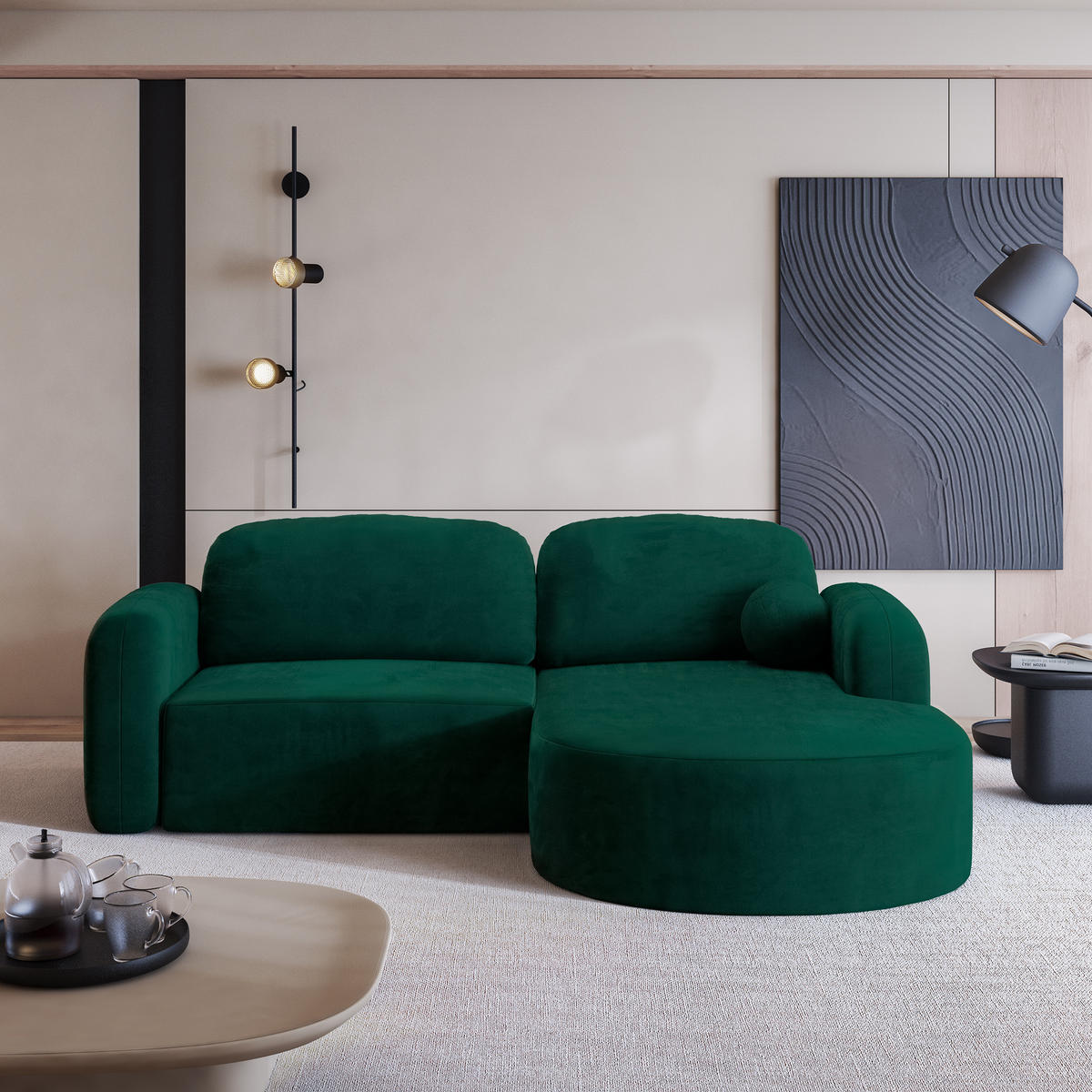 ECKSOFA AMILIA M R-S Grün Velours-Stoff mit Schlaffunktion - Grün, Holz (263/174cm) - MASSENO