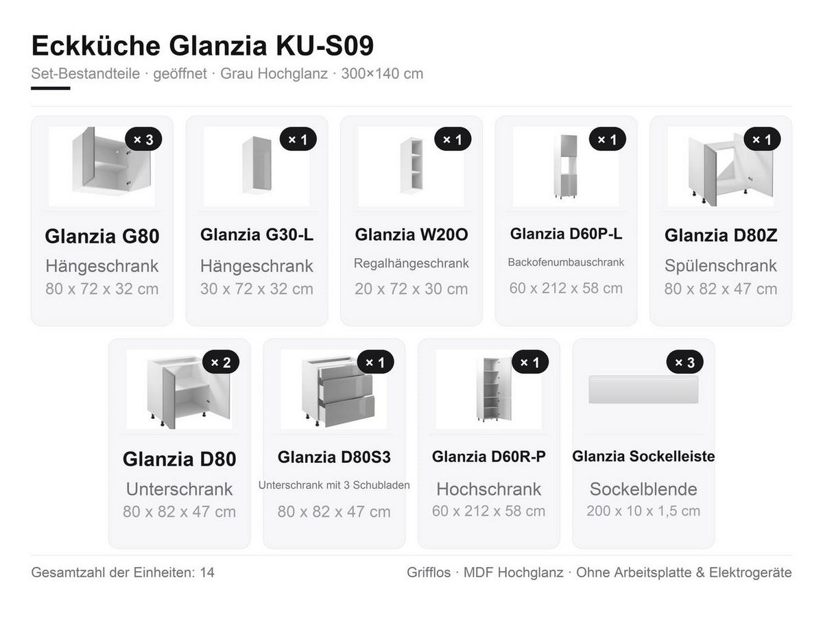 ECKKÜCHE 300x140 cm Glanzia – KU-S09 – Grau – Hochglanz - Grau, Holzwerkstoff (300/212/140cm) - hi-markt