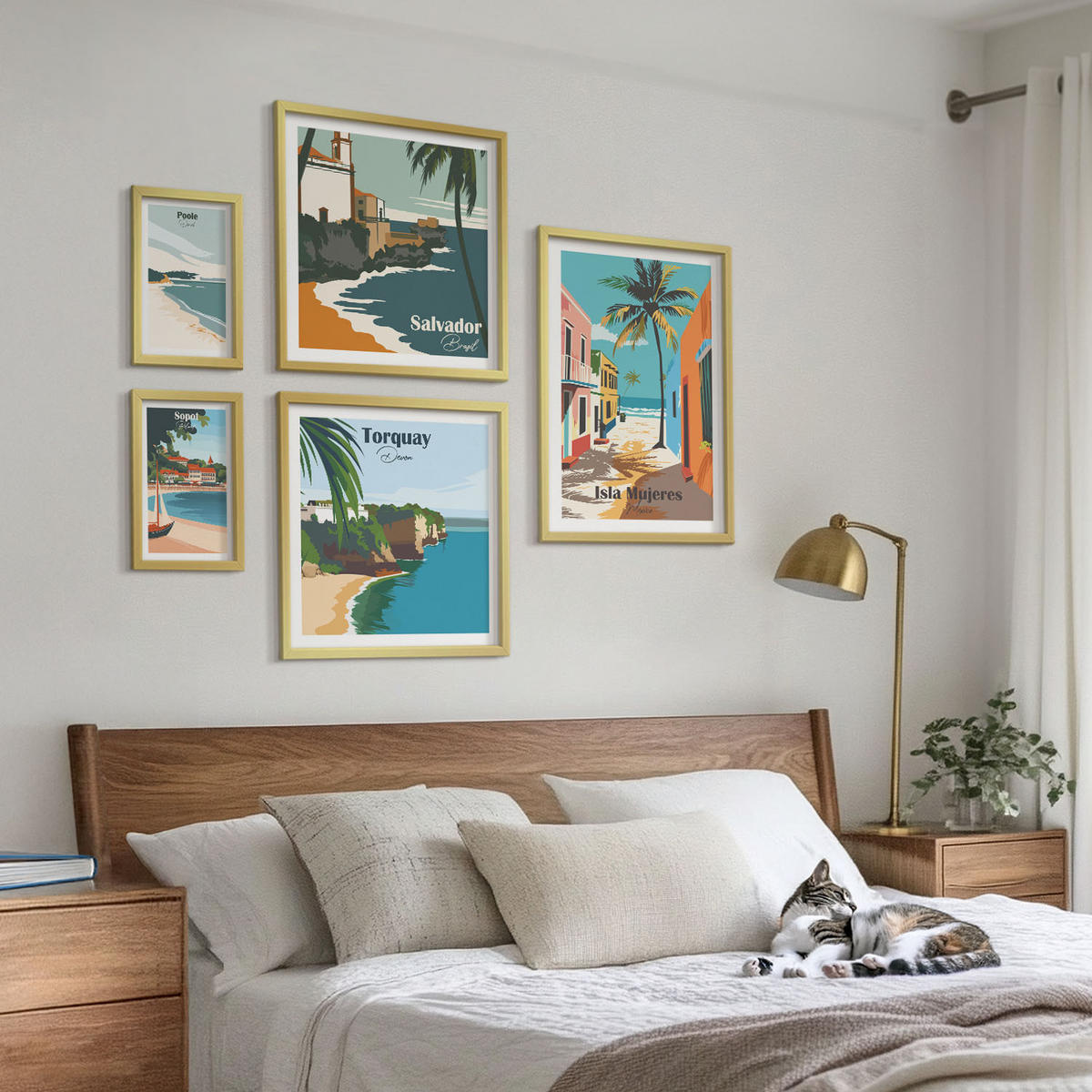 BILDER SET 5er Set - 50x50 cm & 20x30 cm & 40x60 cm Goldrahmen - Retro-Ansichten von Städten auf der ganzen Welt - Goldfarben, Kunststoff (40/60cm) - TULUP
