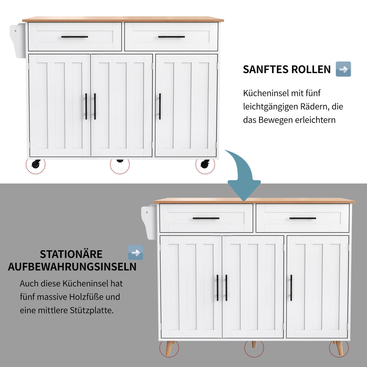 KÜCHENINSEL Weiß-Natur 129/46/91.5 cm - Weiß, Holzwerkstoff (129/91.5/46cm) - PANGIVO