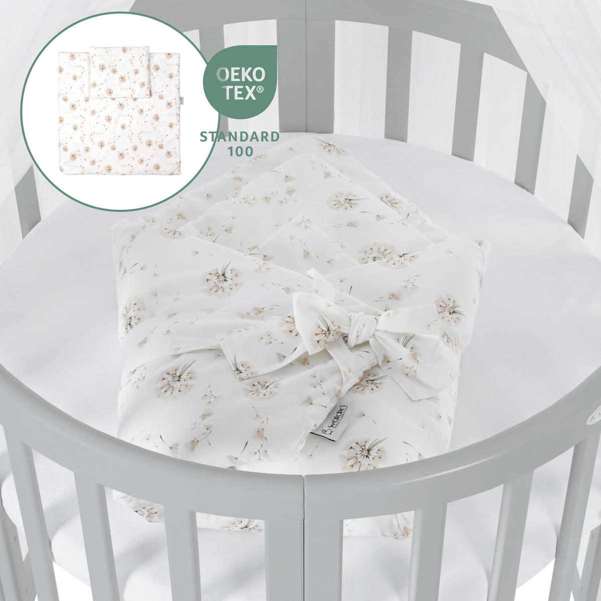 BABYBETT GREY OVAL 7in1 mit Matratze und Himmelset - Weiß/Braun, Holz/Textil
