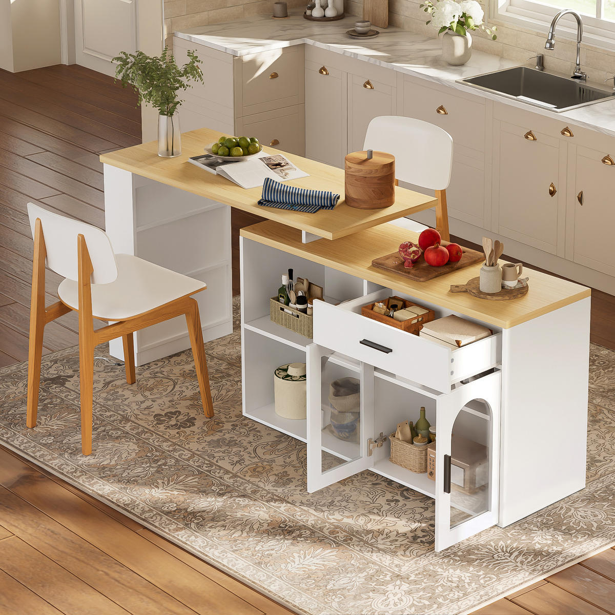 KÜCHENINSEL DE-41415 136/50/78 cm, 360° Drehtisch und Stauraum Weiß - Weiß, Holzwerkstoff (136/78/50cm) - ComfortXL