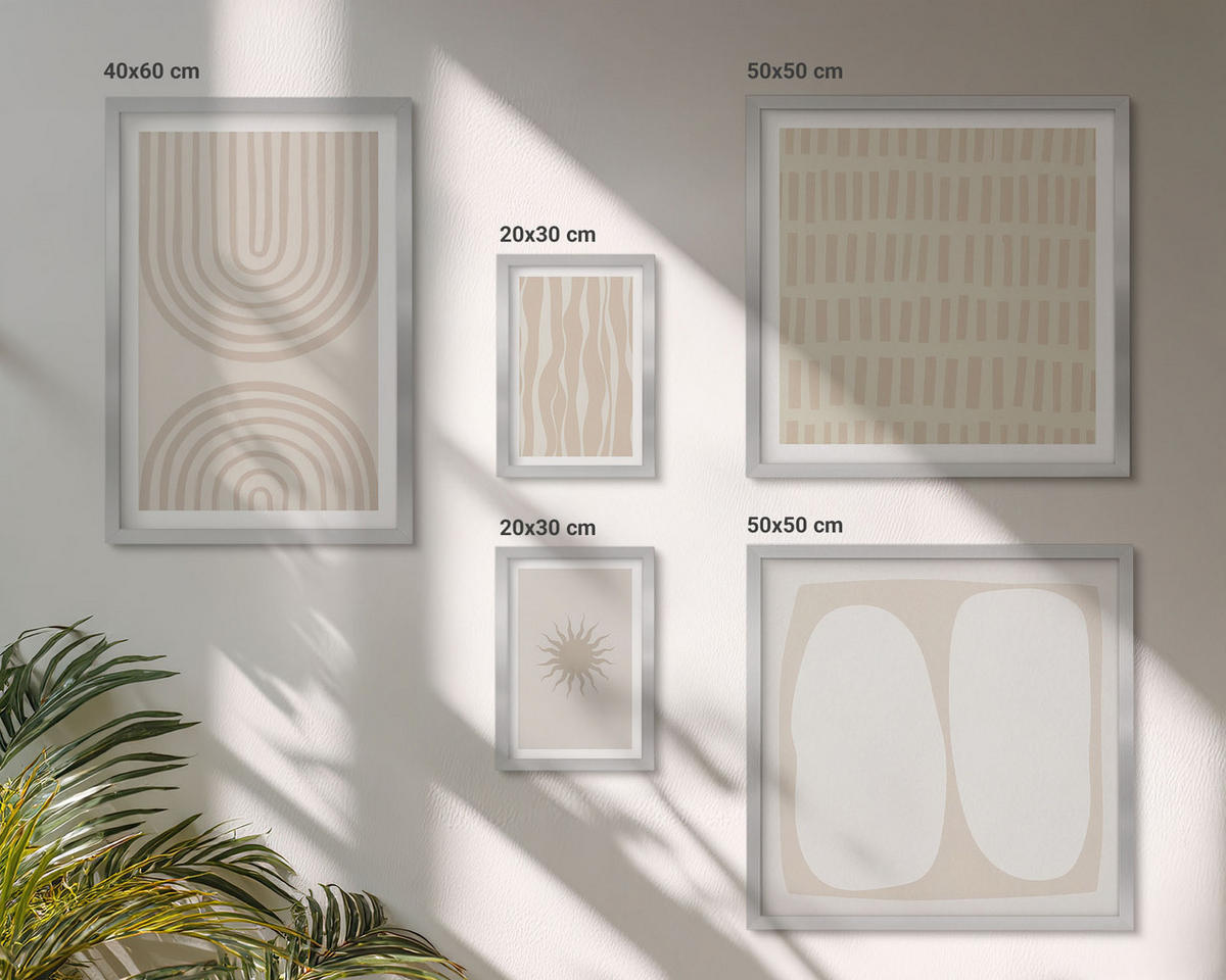 BILDER SET 5er Set - 50x50 cm & 20x30 cm & 40x60 cm Silberner Rahmen - Abstrakte Boho-Musterformen - Silberfarben, Kunststoff (40/60cm) - TULUP
