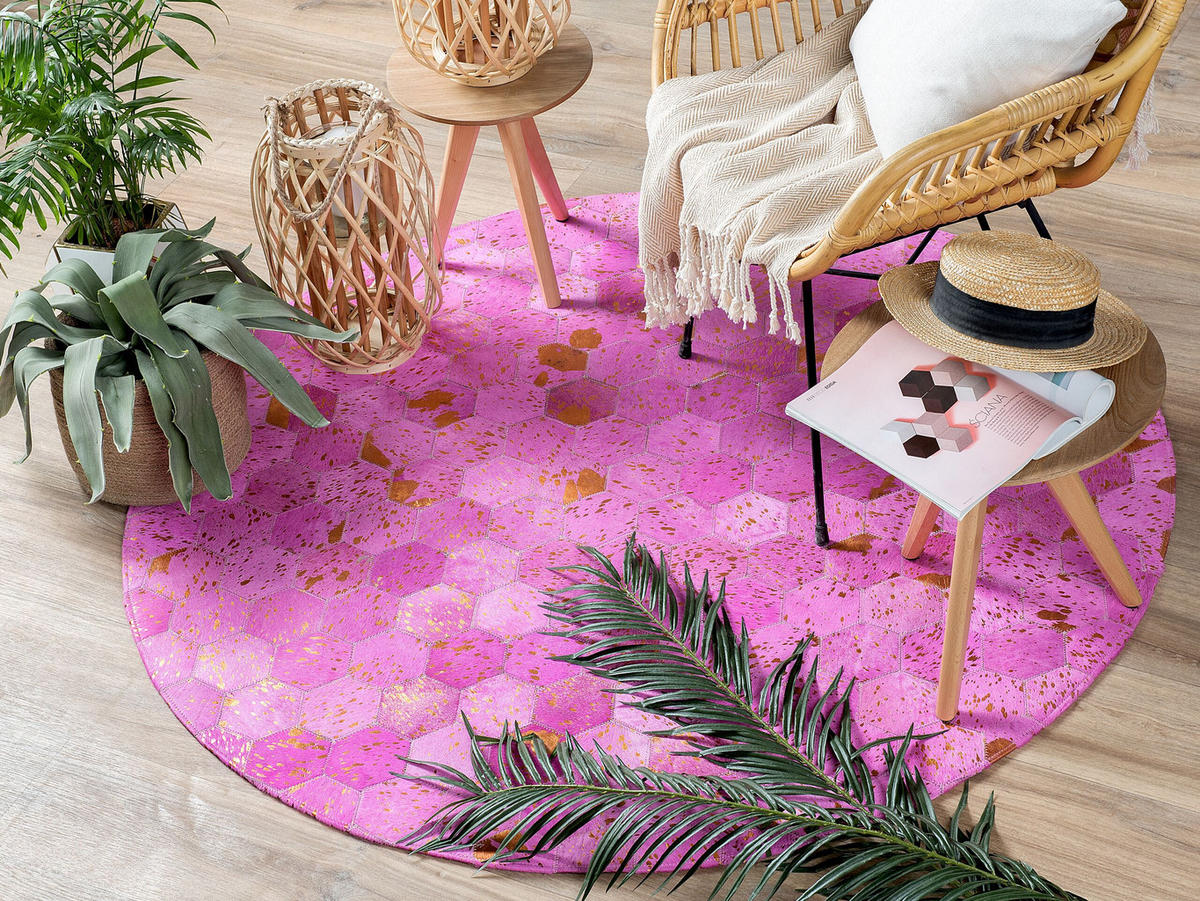 KURZFLOR-TEPPICH Zeytin 140/140 cm - Pink, Fell (140/140cm) - Beliani
