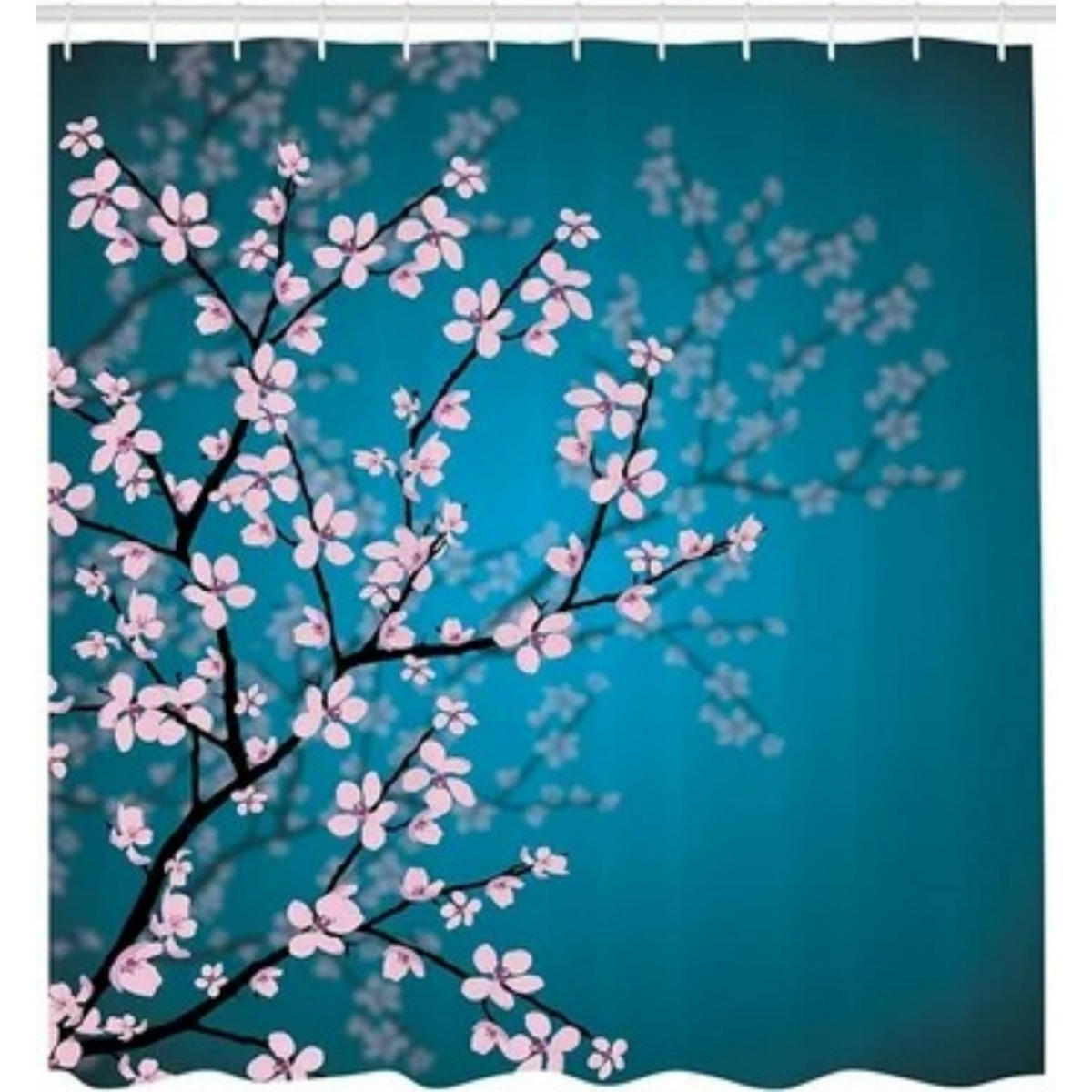 DUSCHVORHANG Blau Rosa Stoff Muster Sakura Dekor Badezimmer mit Haken - Grün, Textil (180/180cm) - MCBOSON