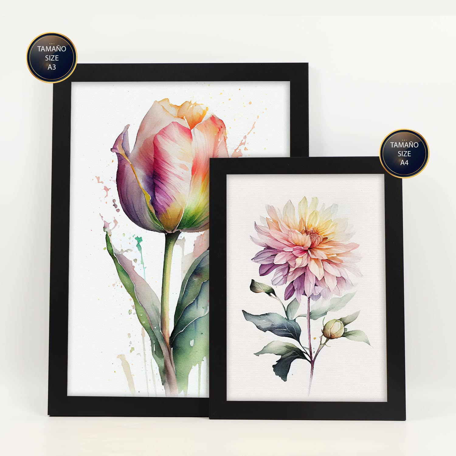 POSTER Set Mit 6 Wilde Blumen Vollfarbige Natur Und Botanikdrucke Mit Blumenmotiven Auf Reinweißen Hintergründen A3 & A4 Schwarzer Rahmen - Schwarz, Papier (29/3cm) - Nacnic