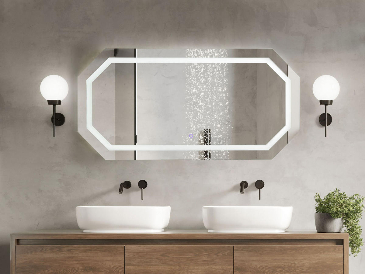 BADSPIEGEL mit LED-Beleuchtung achteckig 120/60 cm Locmariaquer - Silberfarben, Glas (120/60/4cm) - Beliani