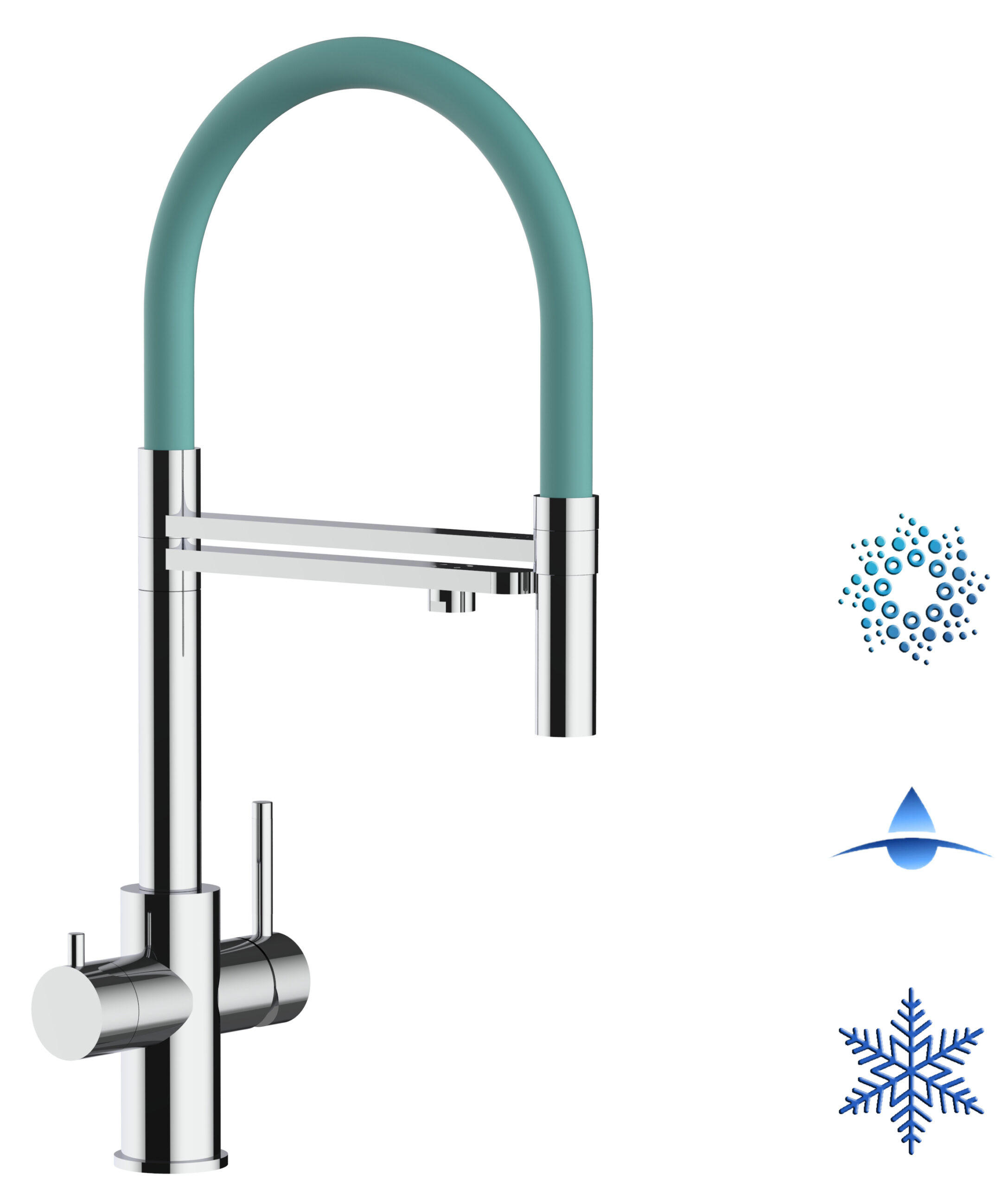 5-WEGE-KÜCHENARMATUR, Edelstahl Massiv aus Chirurgenstahl, Hochglanz und Türkis, 2-Strahl-Brause - Türkis, Metall (24/52.5/24cm) - VIZIO