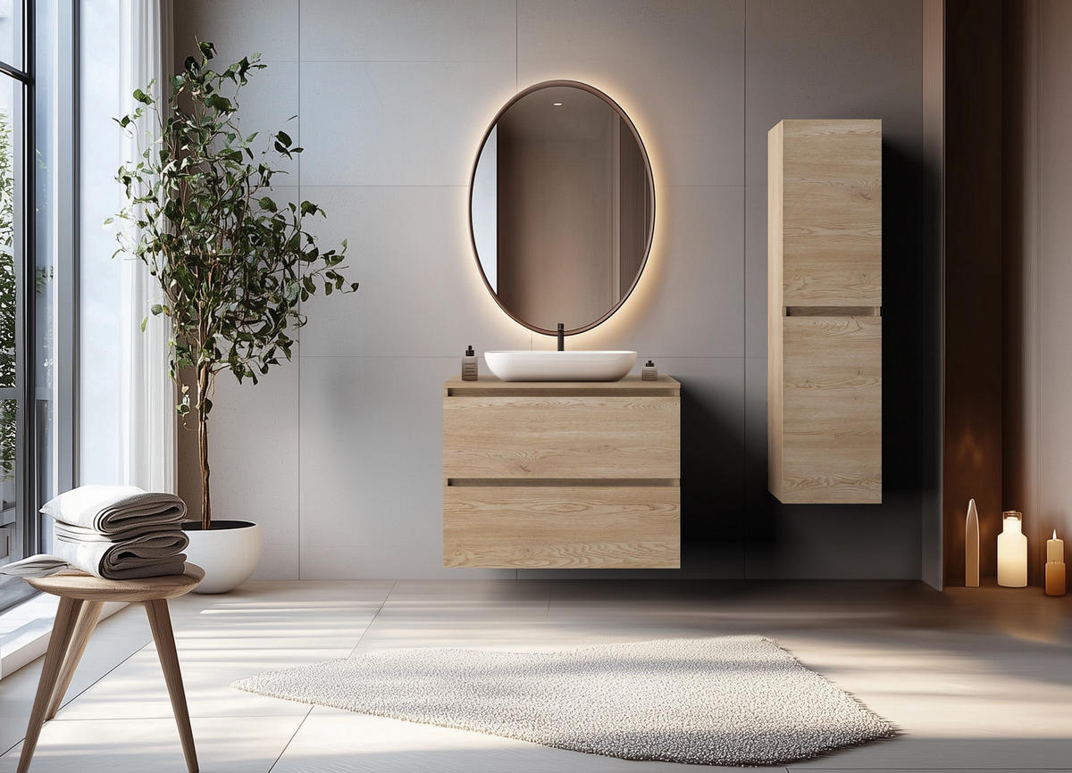 BADEZIMMERSCHRANK 80 cm + TOP, Farbe: helle Eiche, 80 x 57 x 46 cm, mit Arbeitsplatte - Beige, Holzwerkstoff (80/57/46cm) - 3XE LIVING