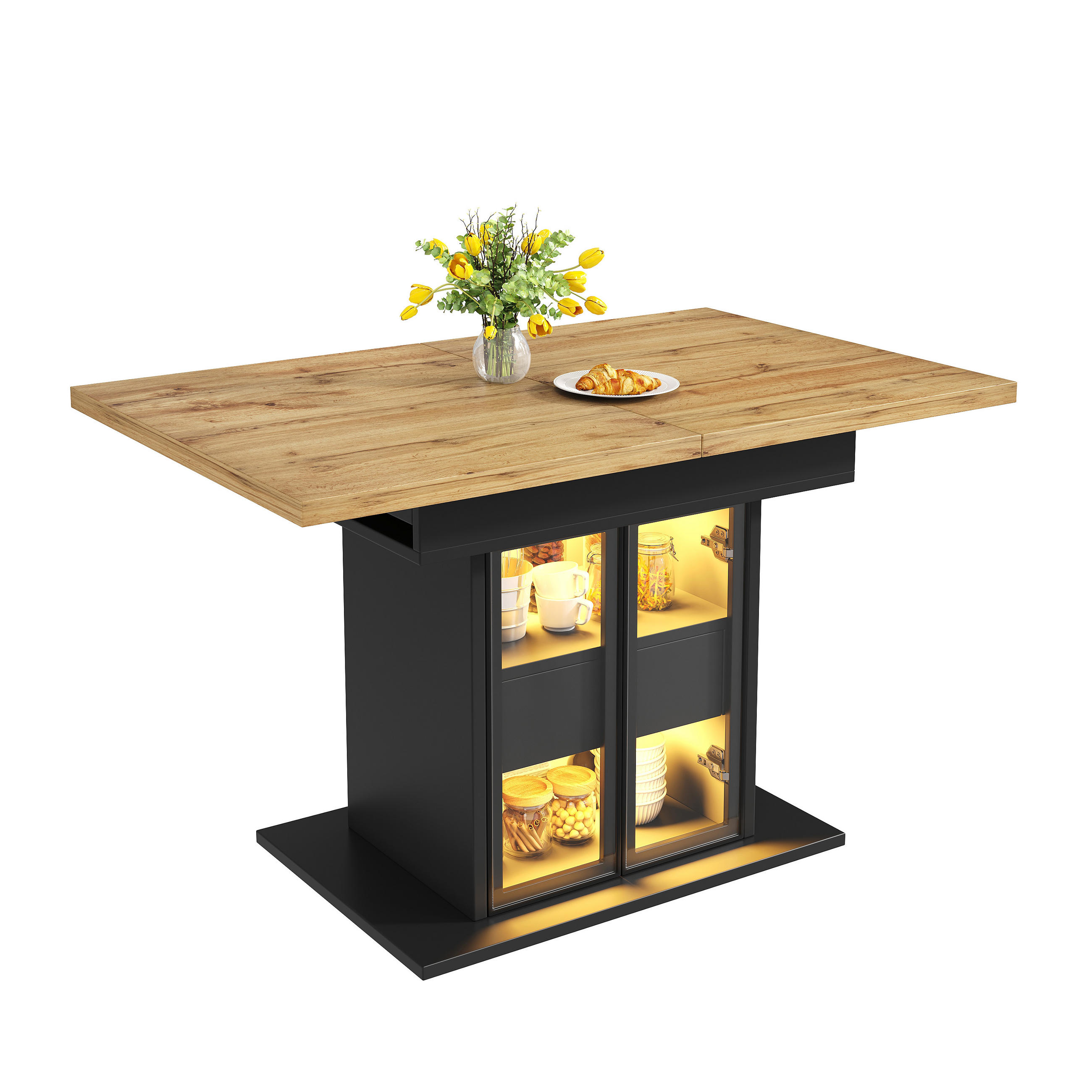 ESSTISCH Schwarz 110–140×80×77,9 cm ausziehbar mit Stauraum und RGB-LED-Beleuchtung aus Holzwerkstoff und Metall - Schwarz, Holzwerkstoff (80/110/77.9cm) - Luhomfu