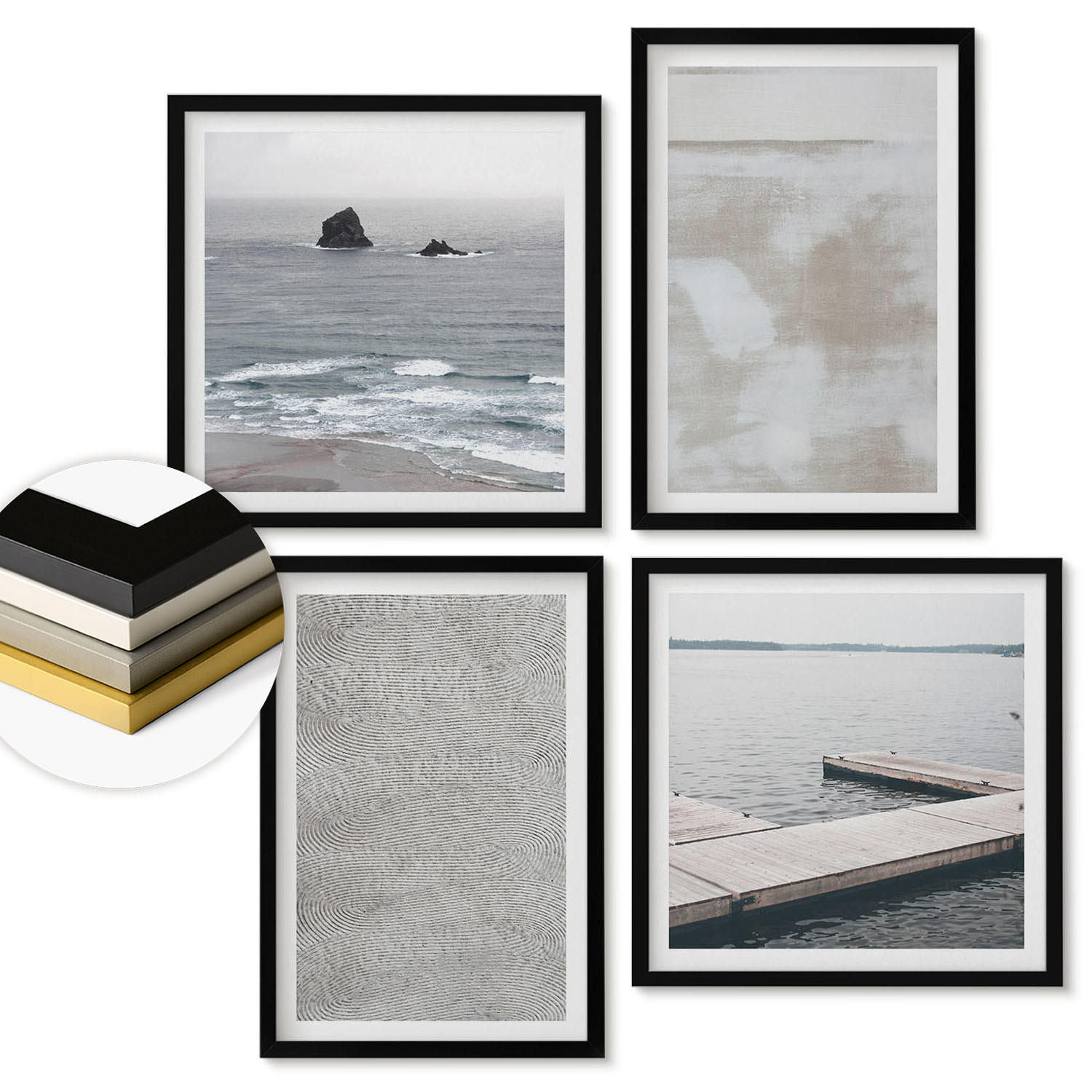 WANDBILDER 4er-Set - 50x50 cm & 40x60 cm Schwarzer Rahmen - Abstraktes Design, moderne Texturen - Schwarz, Kunststoff (50/50cm) - ArtPrintCave