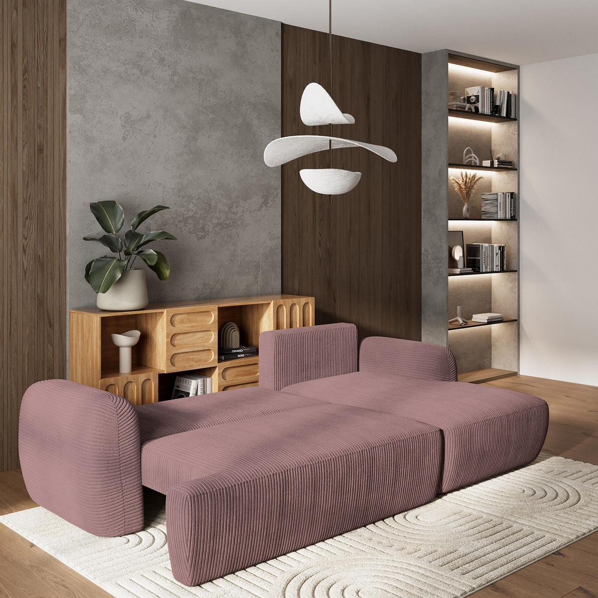 ECKSOFA MODENZA P R-S Lila Kordstoff mit Schlaffunktion - Lila, Holz (266/148cm) - MASSENO