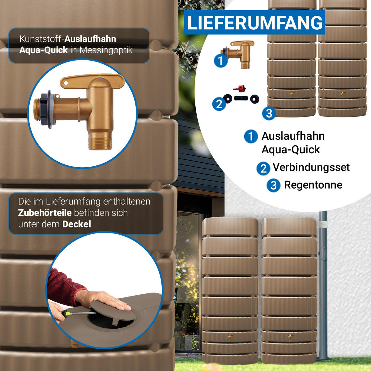 WANDTANK-SET 1000 L taupe 2 x 500 L inkl. Verbindungsset - Beige, Kunststoff (160/184/51cm) - 4rain