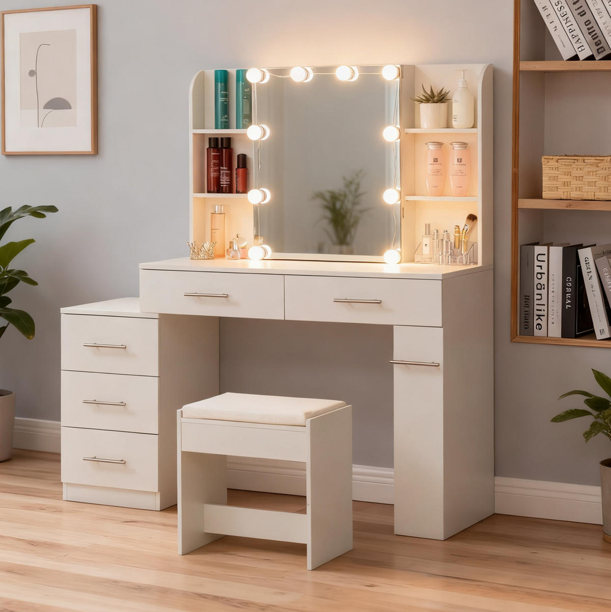 SCHMINKTISCH 100/40.5/136 mit Schiebespiegel, verstecktem Stauraum, LED-Beleuchtung und Hocker, Weiß - Weiß, Holzwerkstoff (100/136/40.5cm) - Redom