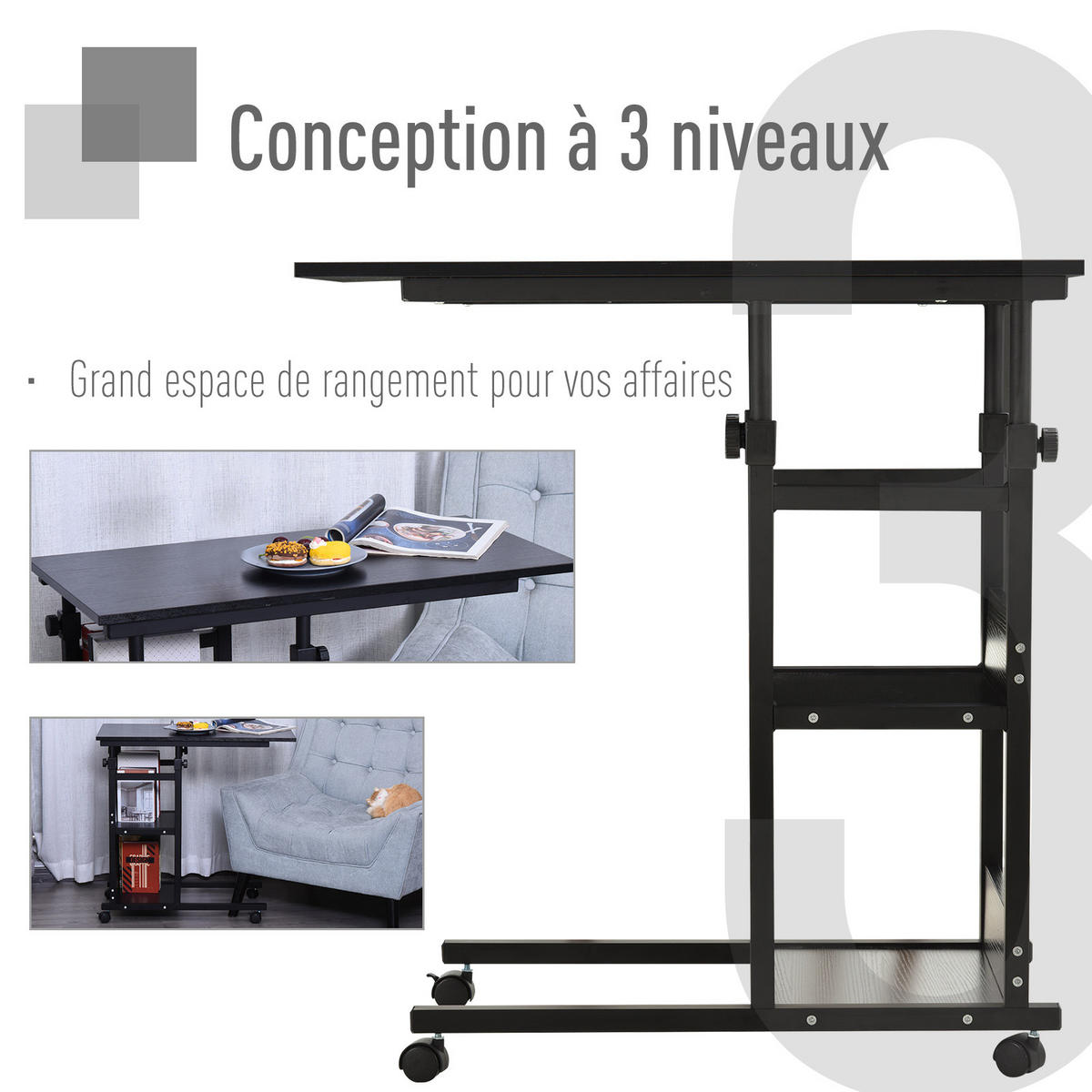 LAPTOPTISCH DE-14832 höhenverstellbar mit 2 Regalen Schwarz - Schwarz, Holzwerkstoff (80/40/82cm) - ComfortXL