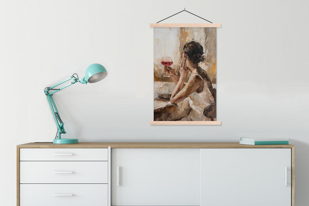 POSTER Ölgemälde - Frau - Wein 60x90 cm - Hellbraun, Textil (60/90/0.15cm) - MuchoWow