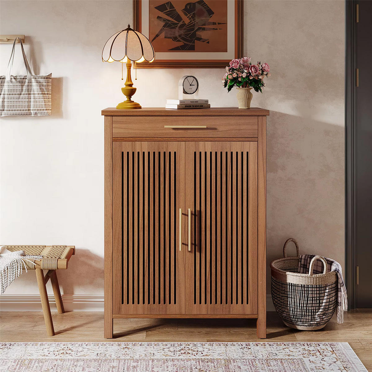 SCHUHSCHRANK mit Schublade & Lamellentüren - Braun, Holz (80/109/36cm) - Kaket