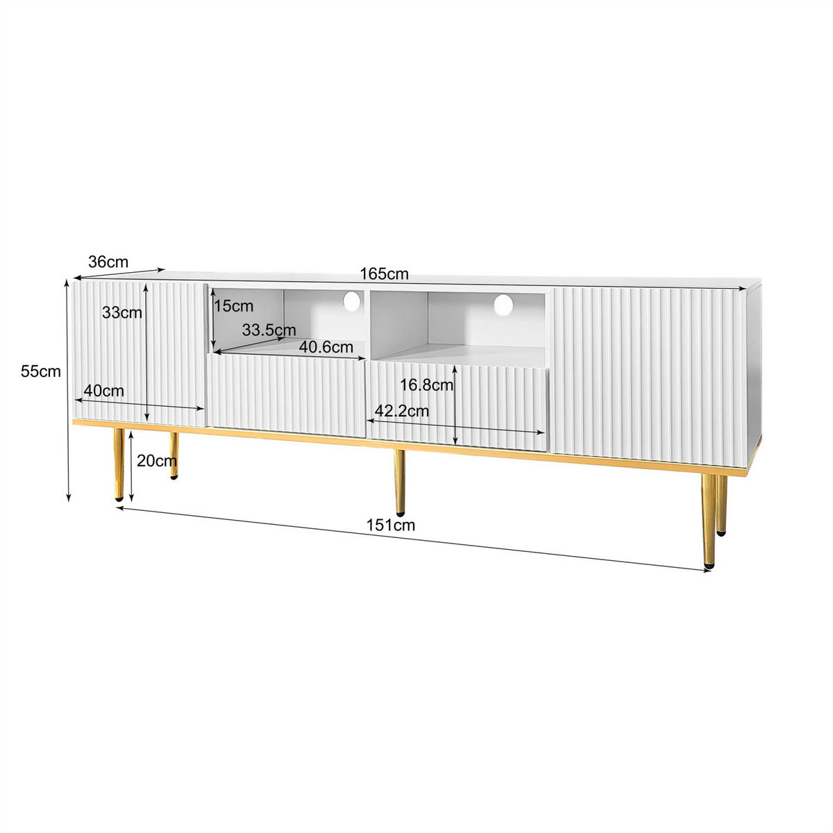 TV Lowboard goldene Füße, Stauraum, Weiß - Weiß, Holz (165/55/36cm)