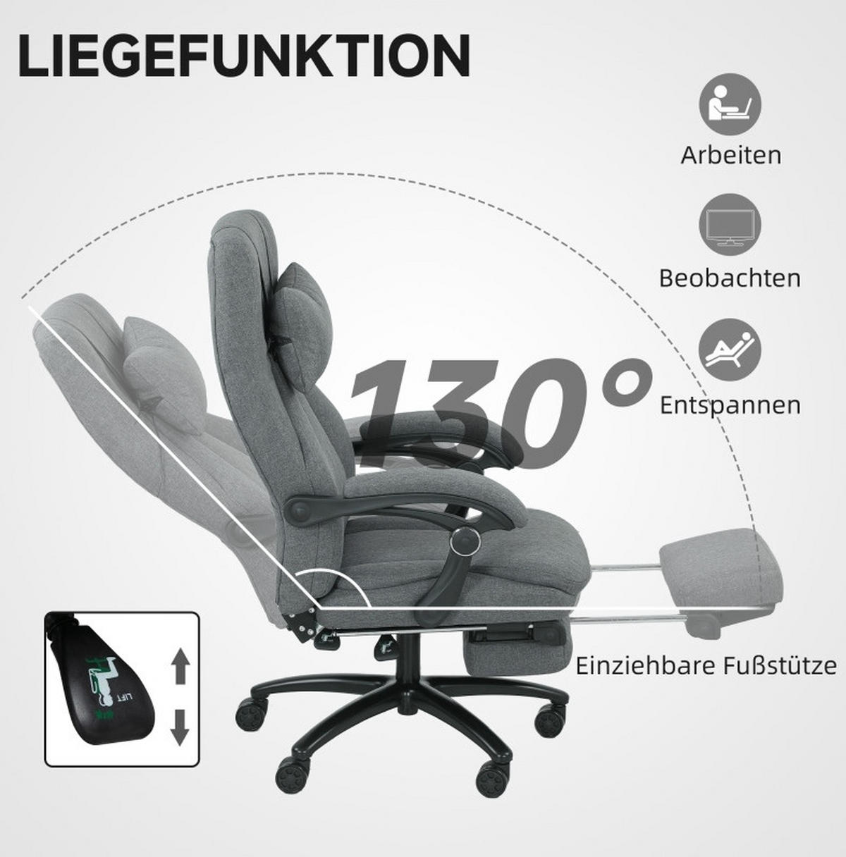 BÜROSTUHL in Dunkelgrau 74x64x117 cm mit Vibrationsmassage und ausziehbarer Fußstütze - Dunkelgrau, Textil (64/117/74cm) - IVMEU