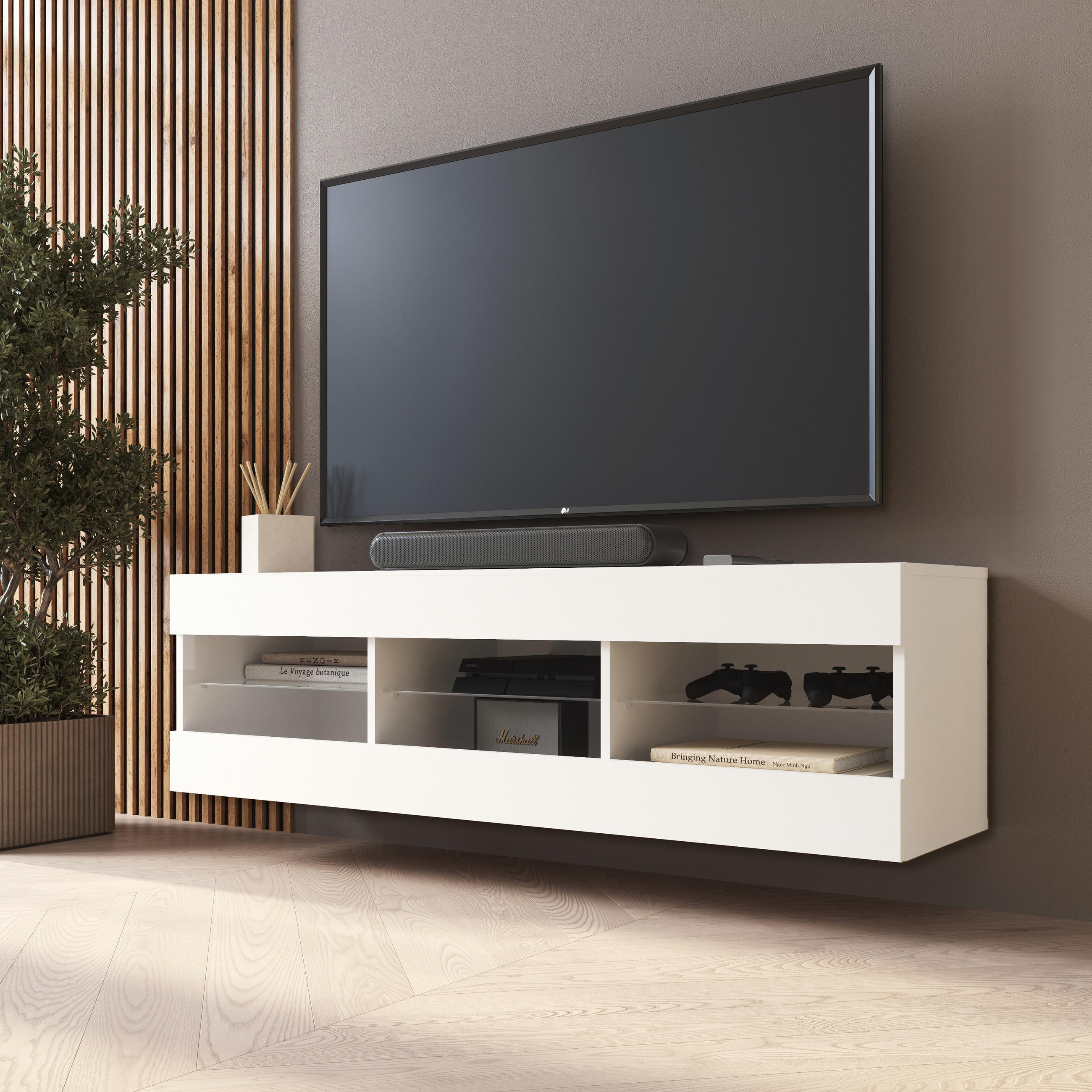 Thumbnail - Komodee Lowboard, Weiß, Weiß, Glas, 3 Fächer, Rechteckig, 140x40.5x35.5 cm, Wohnzimmer, Wohnwände, Lowboards, Lowboards ...