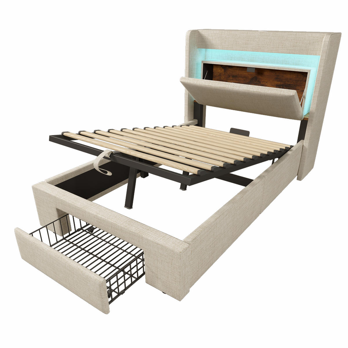 POLSTERBETT 90/200 cm mit LED, USB- und USB-C-Anschluss, hydraulischem Stauraum und Schublade und Matratze, Beige - Beige, Textil (90/200cm) - Redom