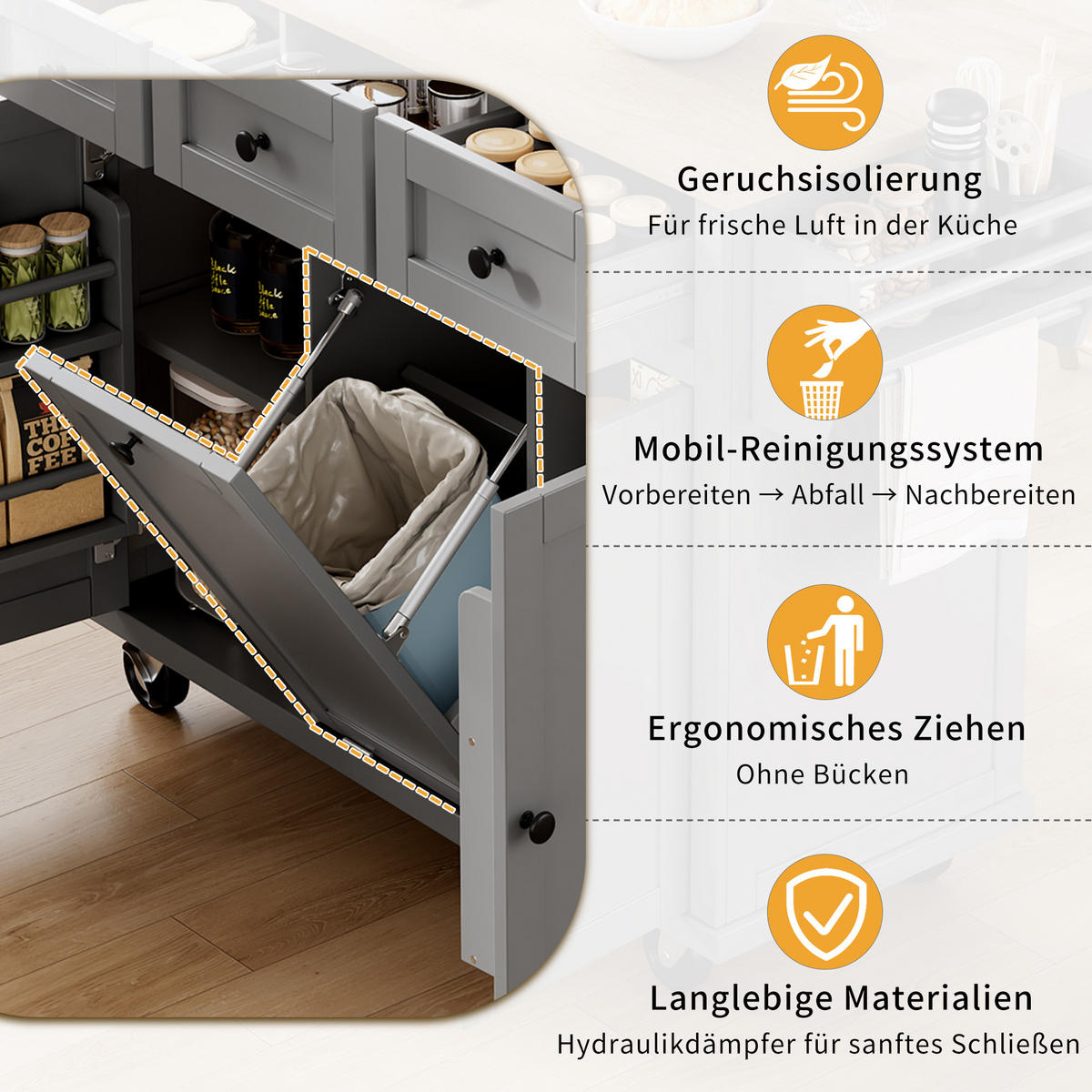 KÜCHENINSEL 112/46,2-76,2/92,7 cm Grau mit Ausziehbarer Arbeitsplatte, Mülleimerfach und 2 Schubladen - Grau, Holz/Holzwerkstoff (131.2/92.7/46.2cm) - Oxeza