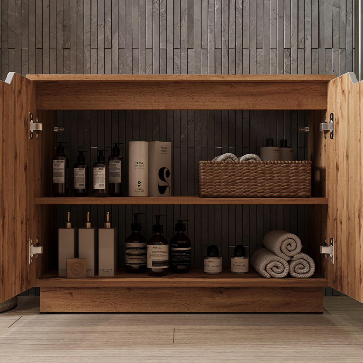 BADMÖBEL-SET Lotta Eiche/grau gestreift 4 Teile - Eichefarben/Grau, Holzwerkstoff (79.6/62.1/32cm) - Vicco