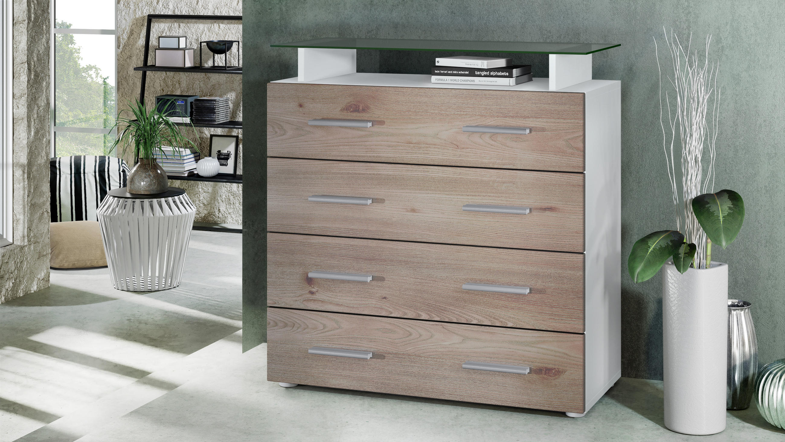 KOMMODE Pavos Eiche Nordic - Silbereichenfarben, Holzwerkstoff (76/81/35cm) - Vladon