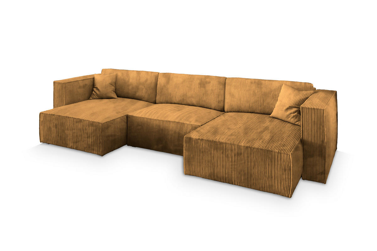 WOHNLANDSCHAFT SARMO P Gelb Kordstoff mit Schlaffunktion - Gelb, Holz (347/70/148cm) - MASSENO