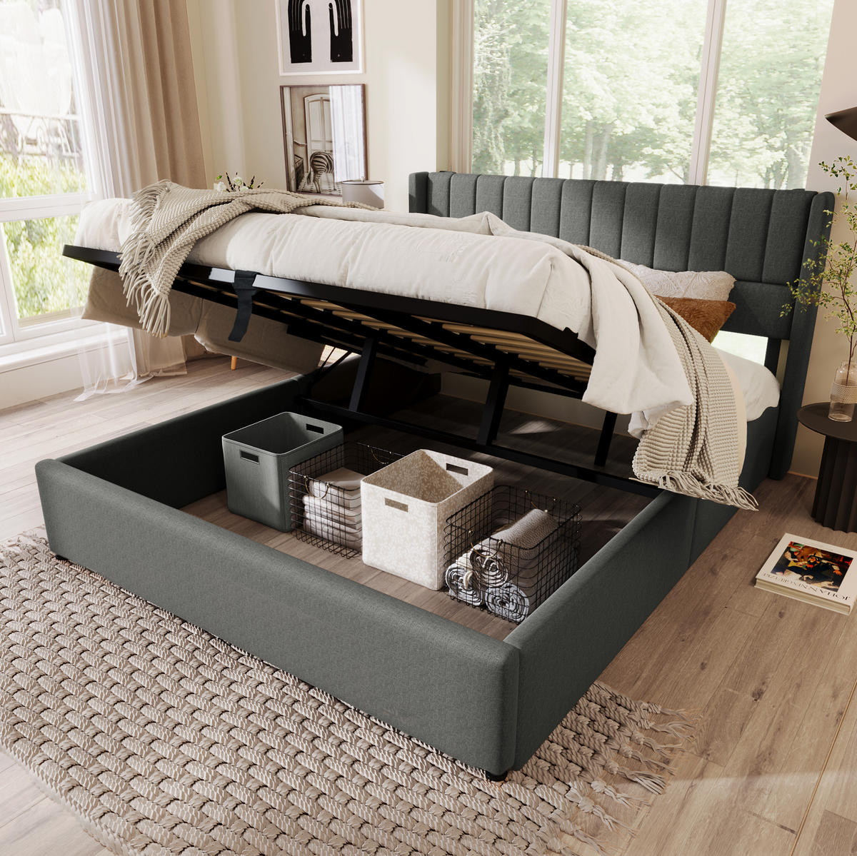 BETT mit Bettkasten 140x200 cm Leinen Grau inklusive Matratze - Grau, Metall (140/200cm) - Meubliv