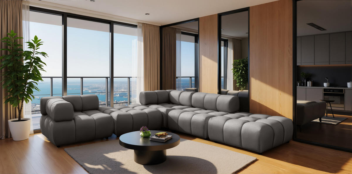 ECKSOFA Corner Modular, Veloursstoff Bluvel, Aschgrau, Rechts, Bolla - Grau, Holz (288/288cm) - Kaiser Möbel