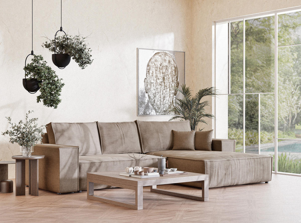 ECKSOFA Maze Grau braun Chenille-Stoff - Rechts Seite - Graubraun/Schwarz, Holz/Holzwerkstoff (294/185cm) - Maison de Reve