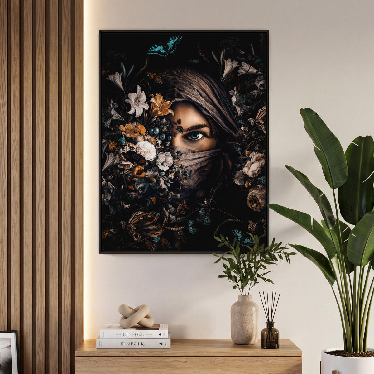 LEINWAND Bilder mit Rahmen - Frau - Luxus - Blumen - Schmetterling - Porträt - 70x100 - Schwarz, Textil (70/100cm) - MuchoWow