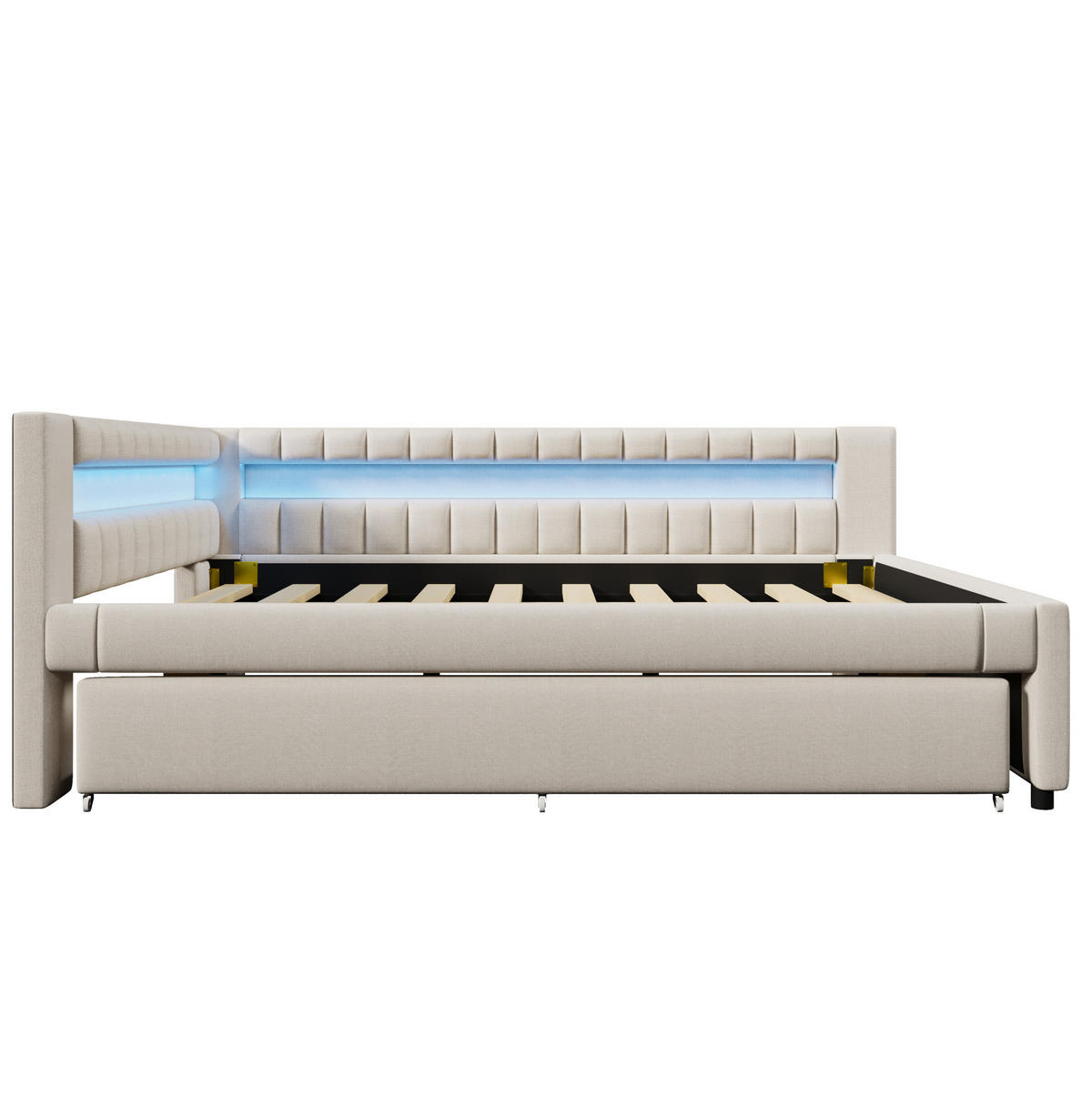 POLSTERBETT aus Leinen und MDF 140x200 cm in Beige mit LED & Ausziehbett - Beige, Textil (140/200cm) - Modfu