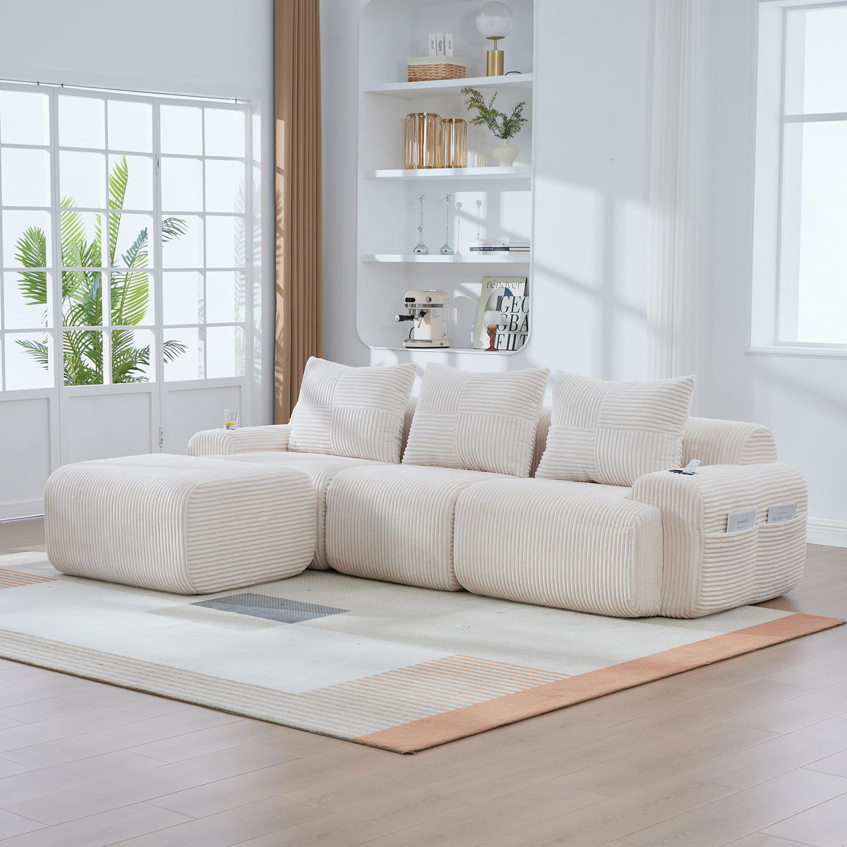 ECKSOFA 268/174/80 cm Beige mit Fußhocker, 2 Becherhalter und Aufbewahrungstaschen - Beige, Textil (268/174cm) - Oxeza
