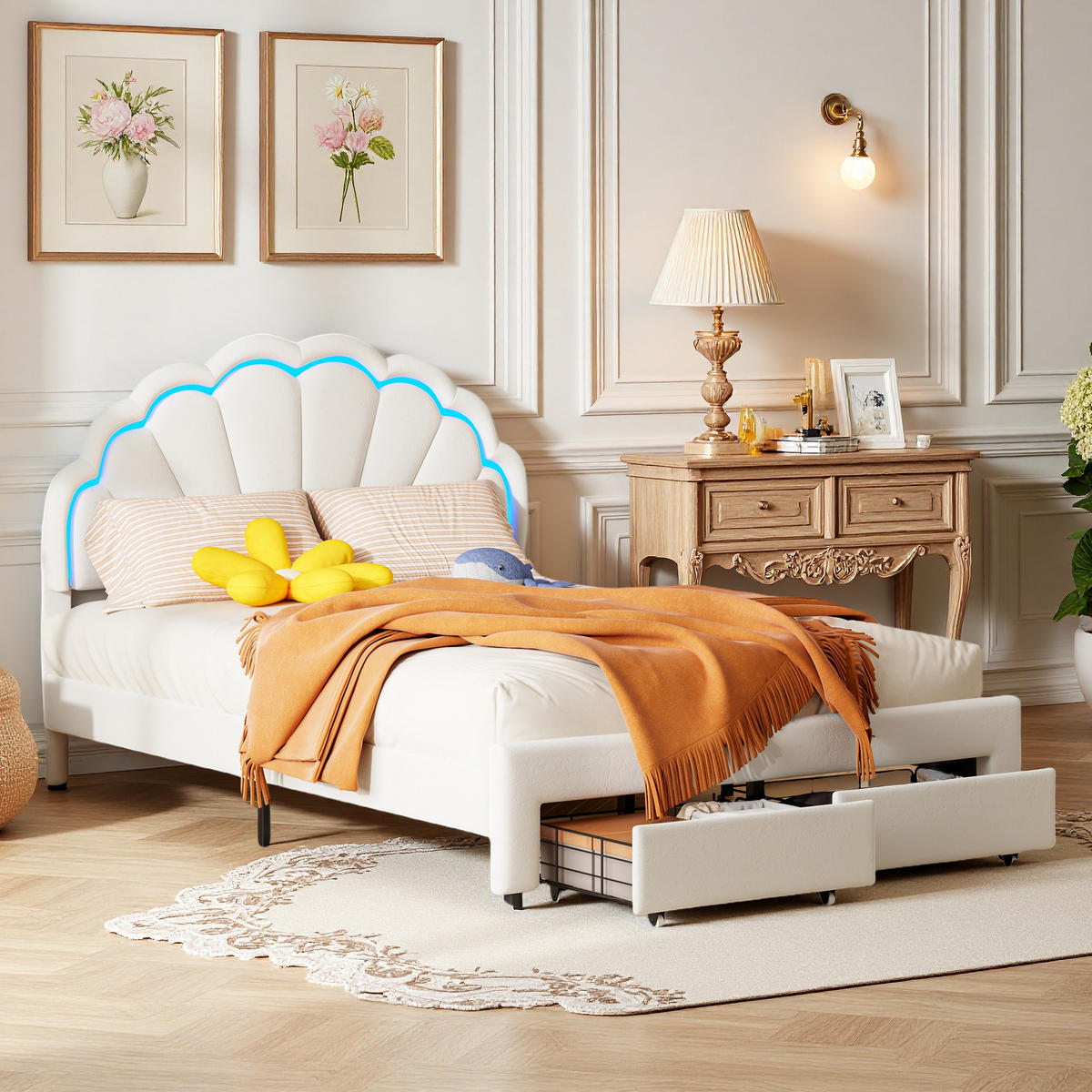 POLSTERBETT 140x200 cm LED Schubladen Lattenrost Samt weiß - Weiß, Holz (140/200cm) - LEBENLANG